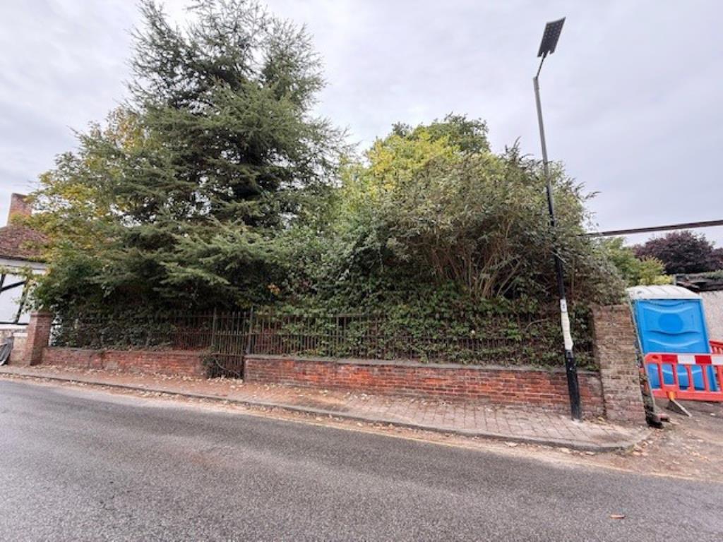 Lot: 75 - FREEHOLD PLOT OF LAND IN SUFFOLK VILLAGE - Front view of overgrown parcel of land from the road